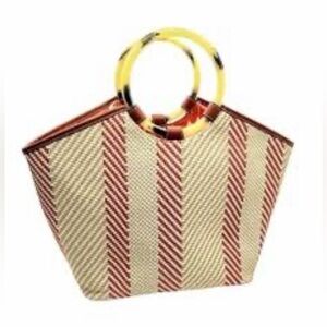 Stella & Dot Woven Striped Tan and Red Women's Bag with Tortoise Handles